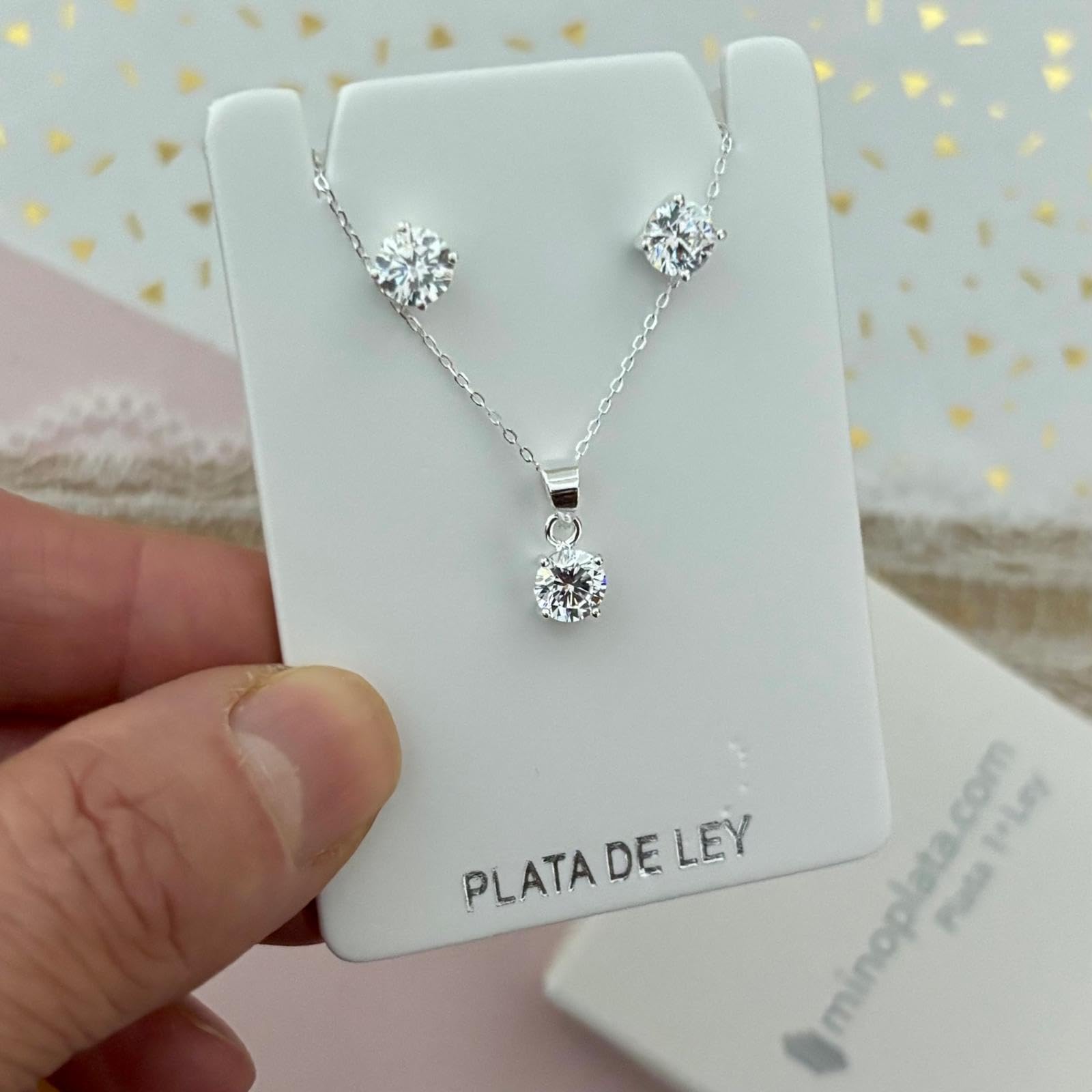 Set di gioielli in argento Sterling da donna, collana e orecchini con zirconi scintillanti, argento 925, punti di luce 6 mm, catena 40 cm con prolunga, colore argento