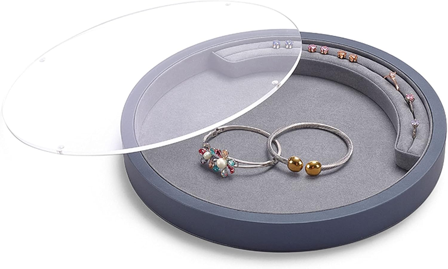 Round Jewelry Tray Necklace Bracelet Ring Earring Display Box Storage Holder Plate with Clear Lid