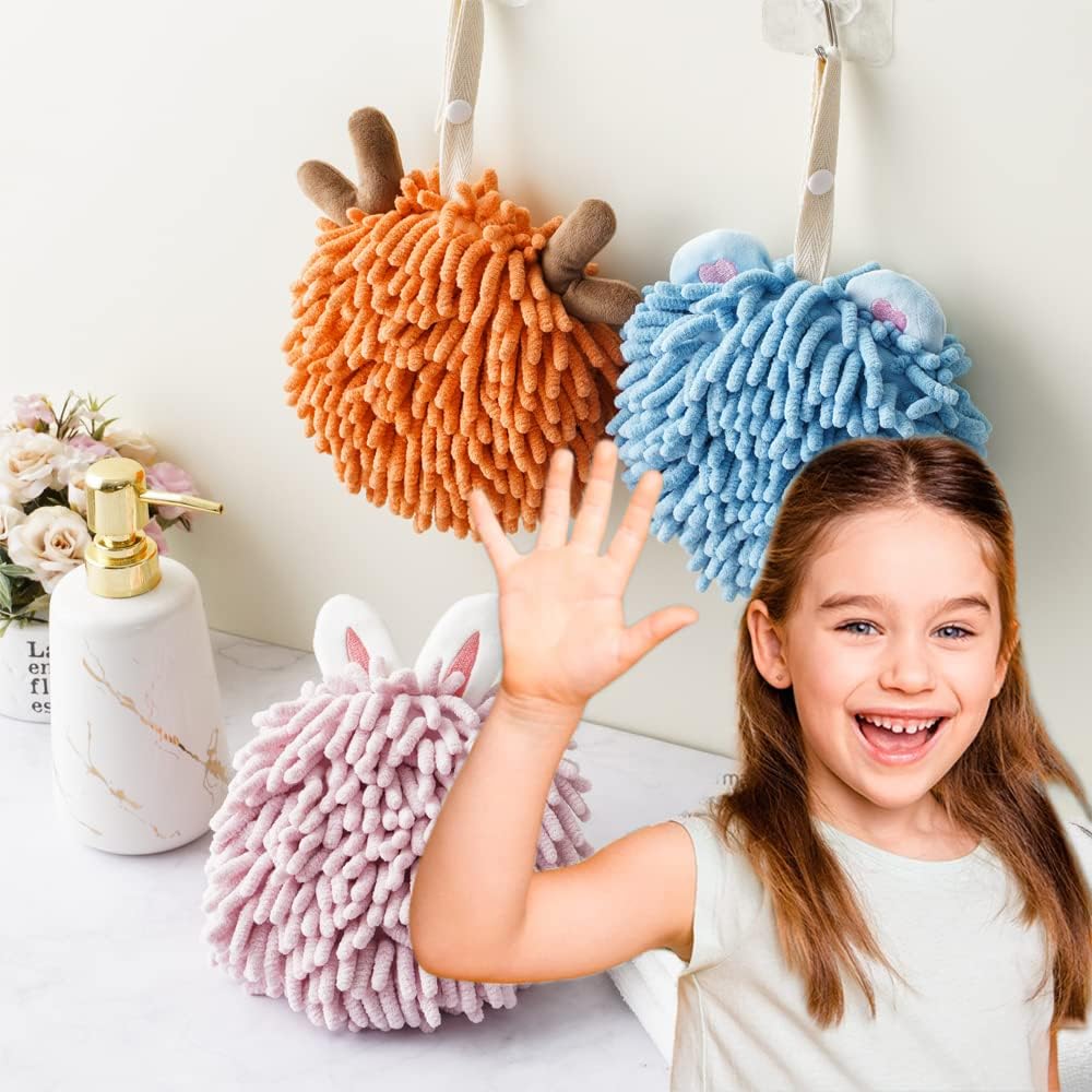 Fuzzy Ball Towel 6 Pack Cute Kids Chenille Hand Towels with Hanging Loop,Microfiber Kitchen Towels Hand Towel Ball for Bathroom(6 Pack)