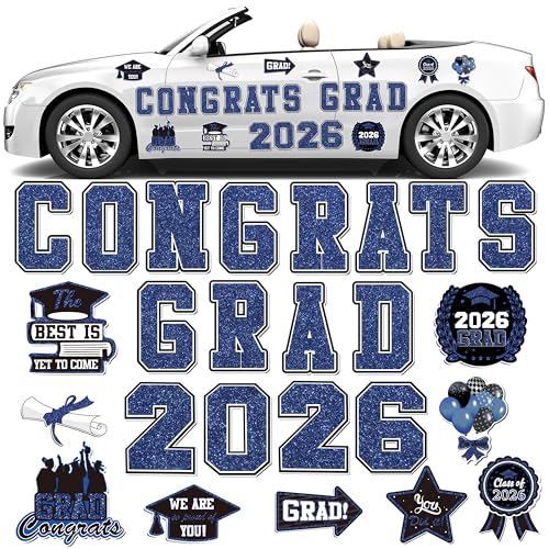 2026 Graduation Car Magnet Decoration 25Pcs Magnetic Congrats Grad 2026 Refrigerator Garage Door Stickers Class of 2026 Graduation Car Magnet Decal for Parade Decor Graduation Party Supplies (Blue)