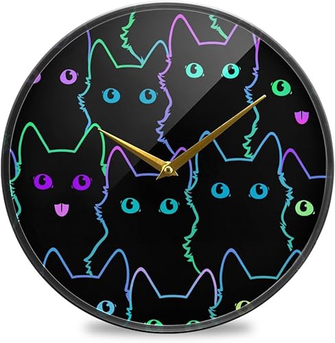 Reloj de pared redondo con diseño de gatos de neón, silencioso, funciona con pilas, acrílico, moderno, simple, para cocina, sala de estar,