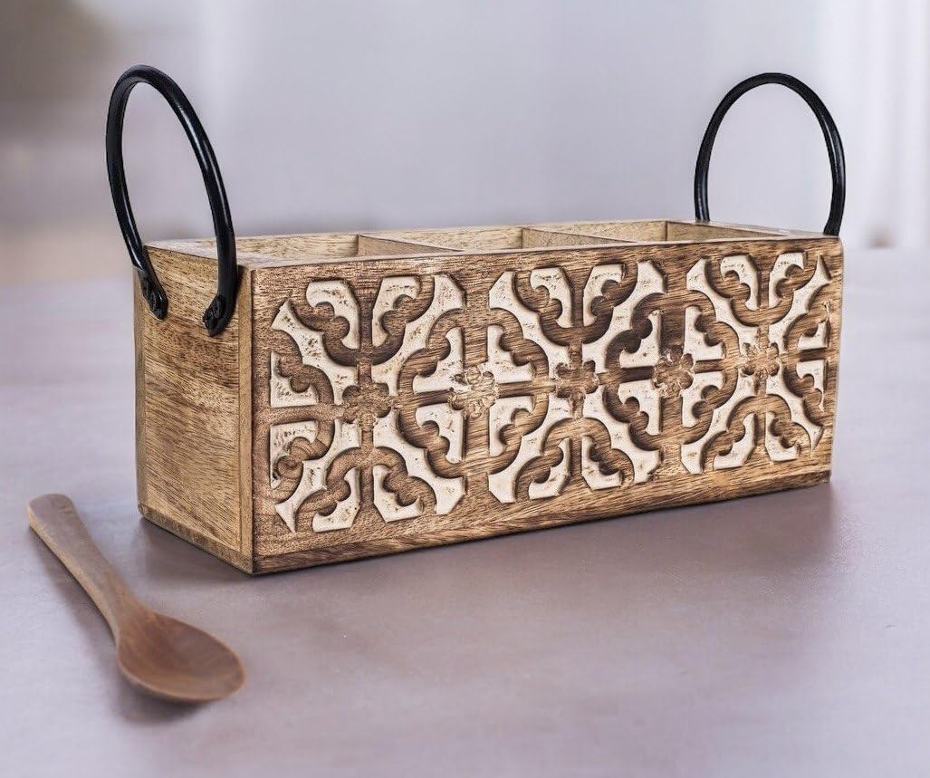 Artsio Craft Store Wooden Cutlery Holder - Spoon Holder Stand with Iron Handle - 3 Compartment Natural Wood Kitchen Organizer - 11"x4"x4" Rustic Wooden Caddy (B0D9FC9MSQ) Amazon Price History, Amazon Price Tracker