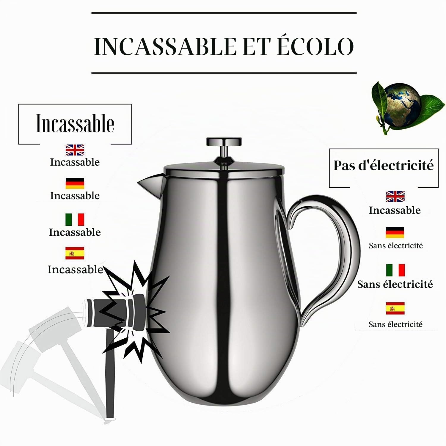 VeoHome - Cafetière à Piston 1 Litre - Incassable et Garde Le café Chaud Longtemps grâce à sa Double Coque INOX…