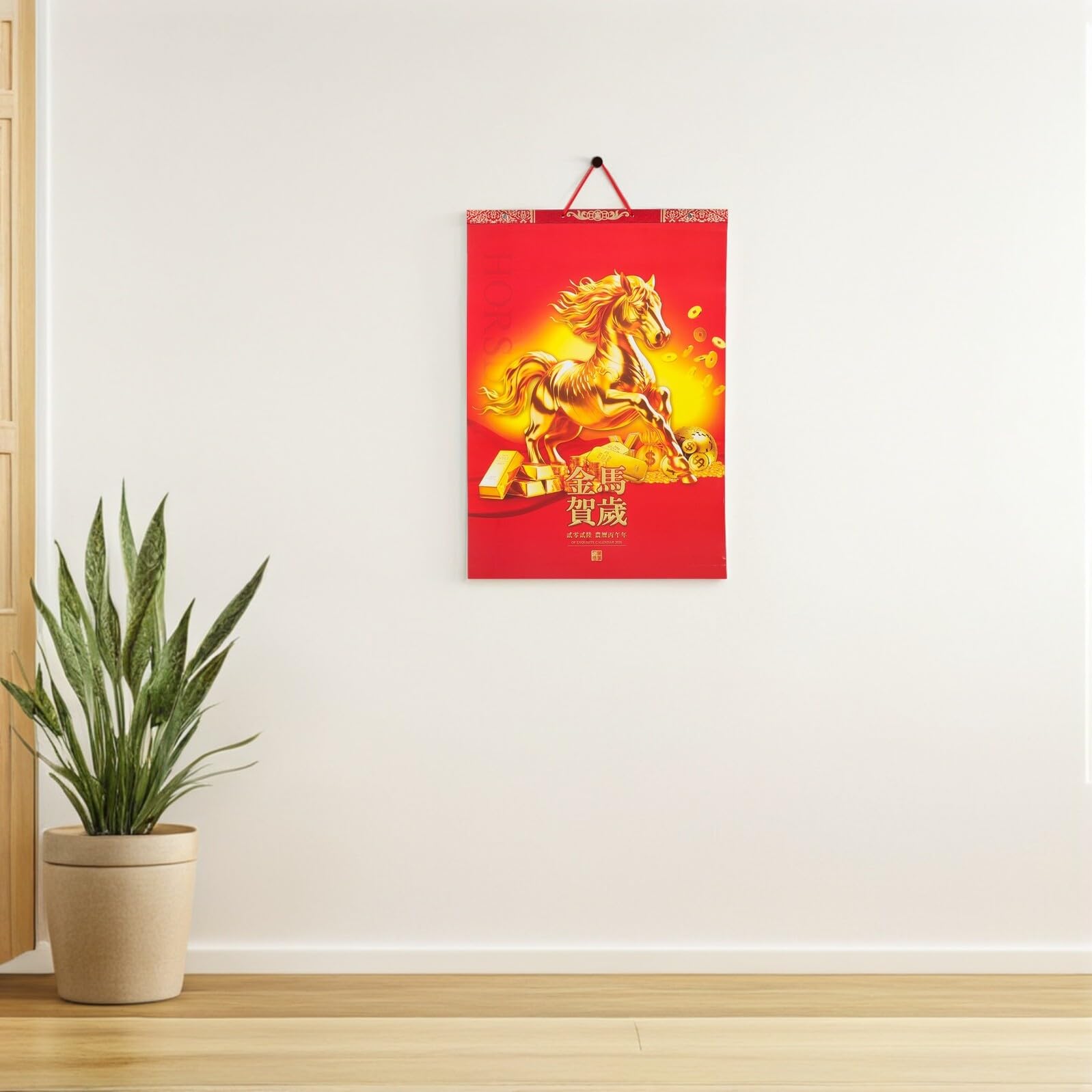 PLAFOPE Calendario de Pared 2026 del Año del Caballo Calendario Lunar Mensual con Fases Lunares Color Rojo Decoración Feng Shui para Oficina Hogar y Escuela