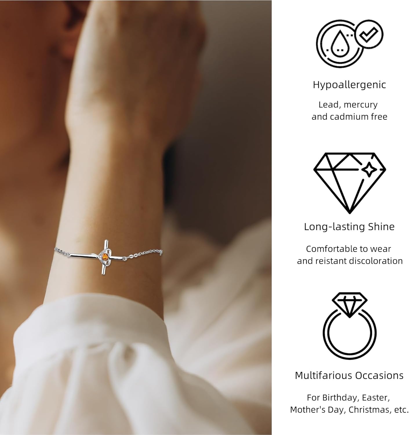 Birthstone Bracelet 925 Sterling Silver Birthstone Cross Bracelets for Women Cross Heart Cubic Zircon Adjustable Jewelry Gifts for Birthday Christmas - Image 2