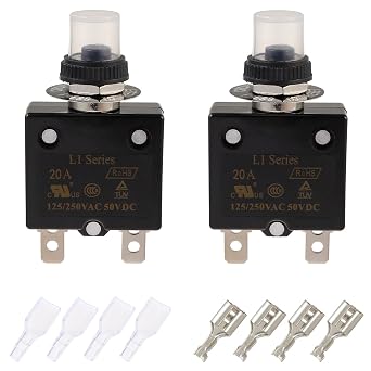20A Manual Reset Push Button Circuit Breaker 125/250V AC 50V DC Thermal Overload Protector with Quick Connect Terminals and Waterproof Button Caps Assortment Kitpack of 2 pcs