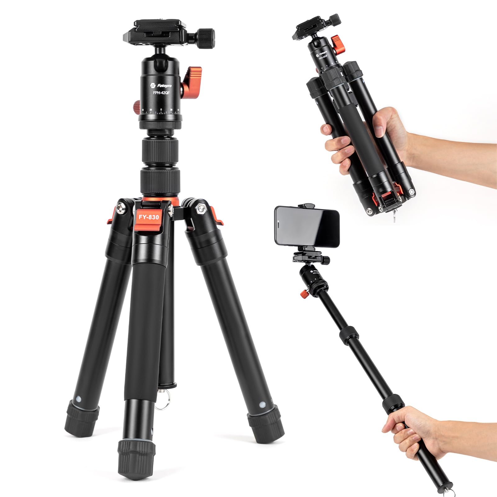 Mini Tripod 58" Lightweight Compact Travel Tripod with 360 Degree Ball Head Phone Mount Detachable Selfie Stick, Camera Phone Max Load up to 8.8 lbs FY-830 (Black+Orange)