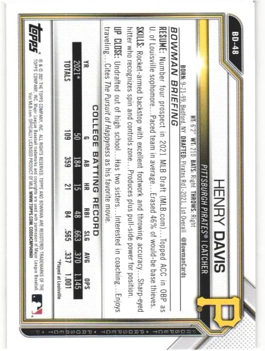 HENRY DAVIS 2021 Bowman Draft 1st #BD-48 Baseball Rookie Card RC Pittsburgh Pirates