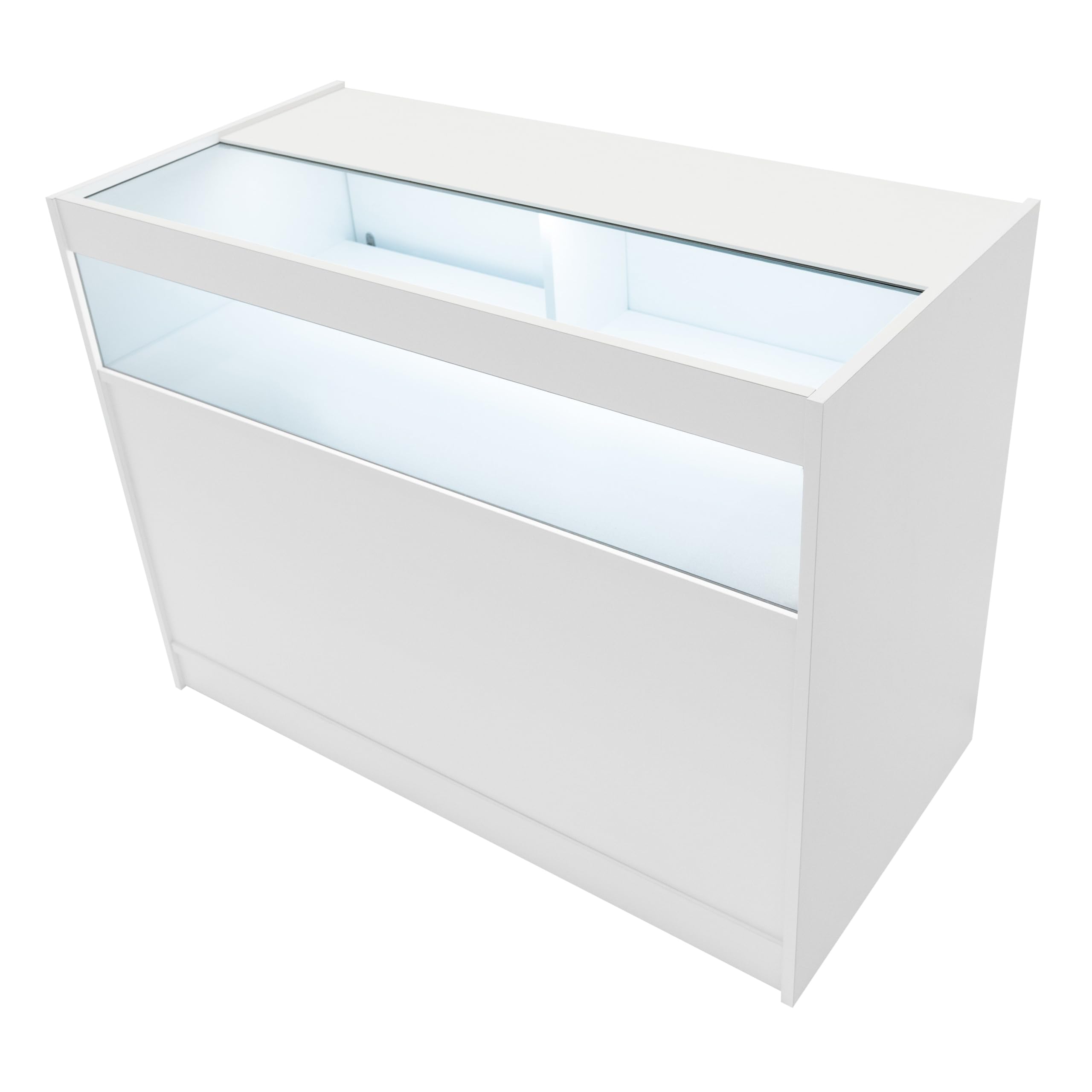 Comptoirs de Vente en MDF Blanc à LED Blancs Ensemble Hyperion LM60 TB60 B1200 K1200 3 Unités de Rangement Étagères Internes Portes Coulissantes Verouillables Réception Bureau Vêtements [Clés INCLUS]