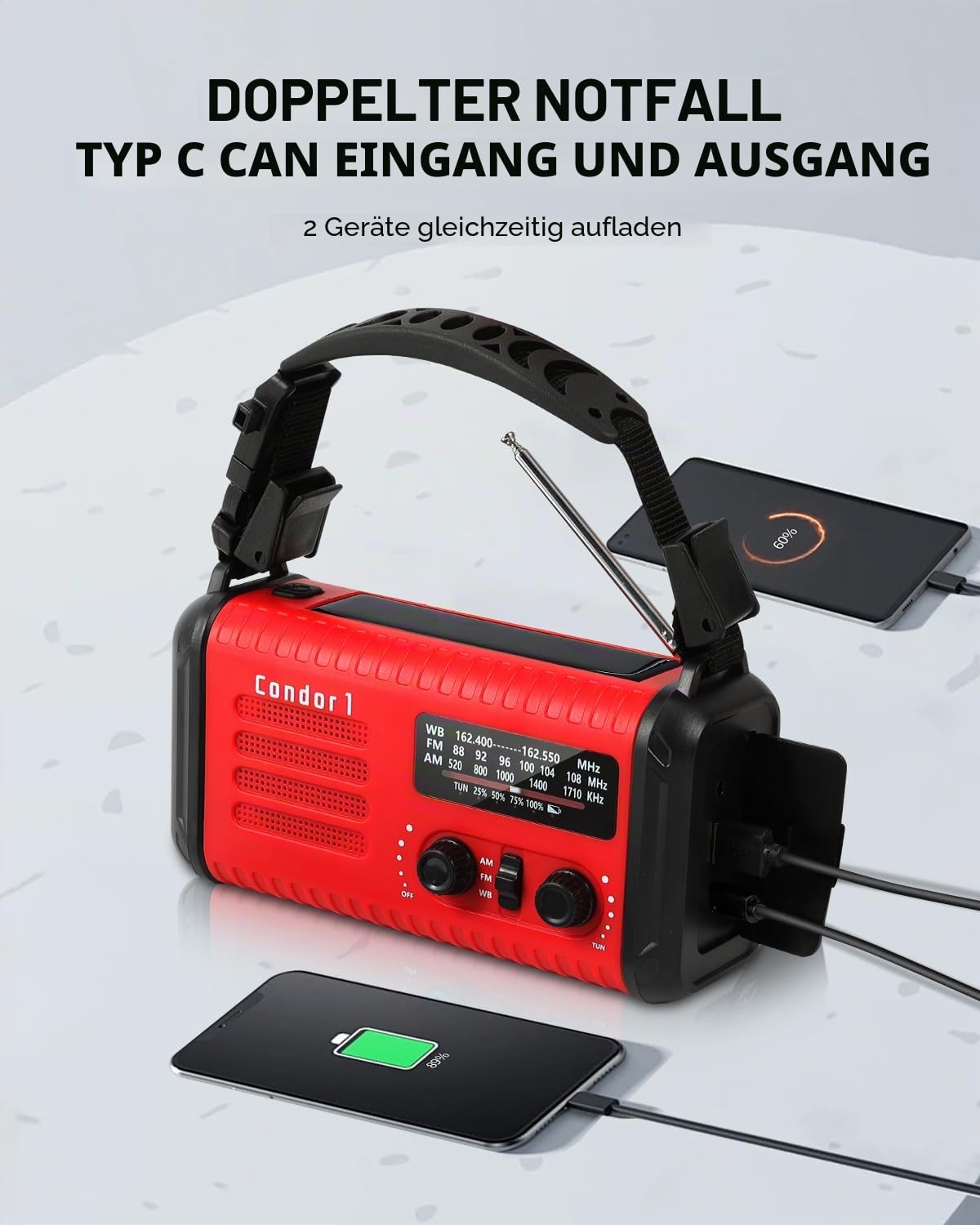 20000mAh Kurbelradio, tragbares Solar-Notfallradio mit AM/FM-Empfang, SOS Alarm, LED-Leselicht und Taschenlampe, USB-Telefonladegerät, Notfall, Stromausfall (Rot)