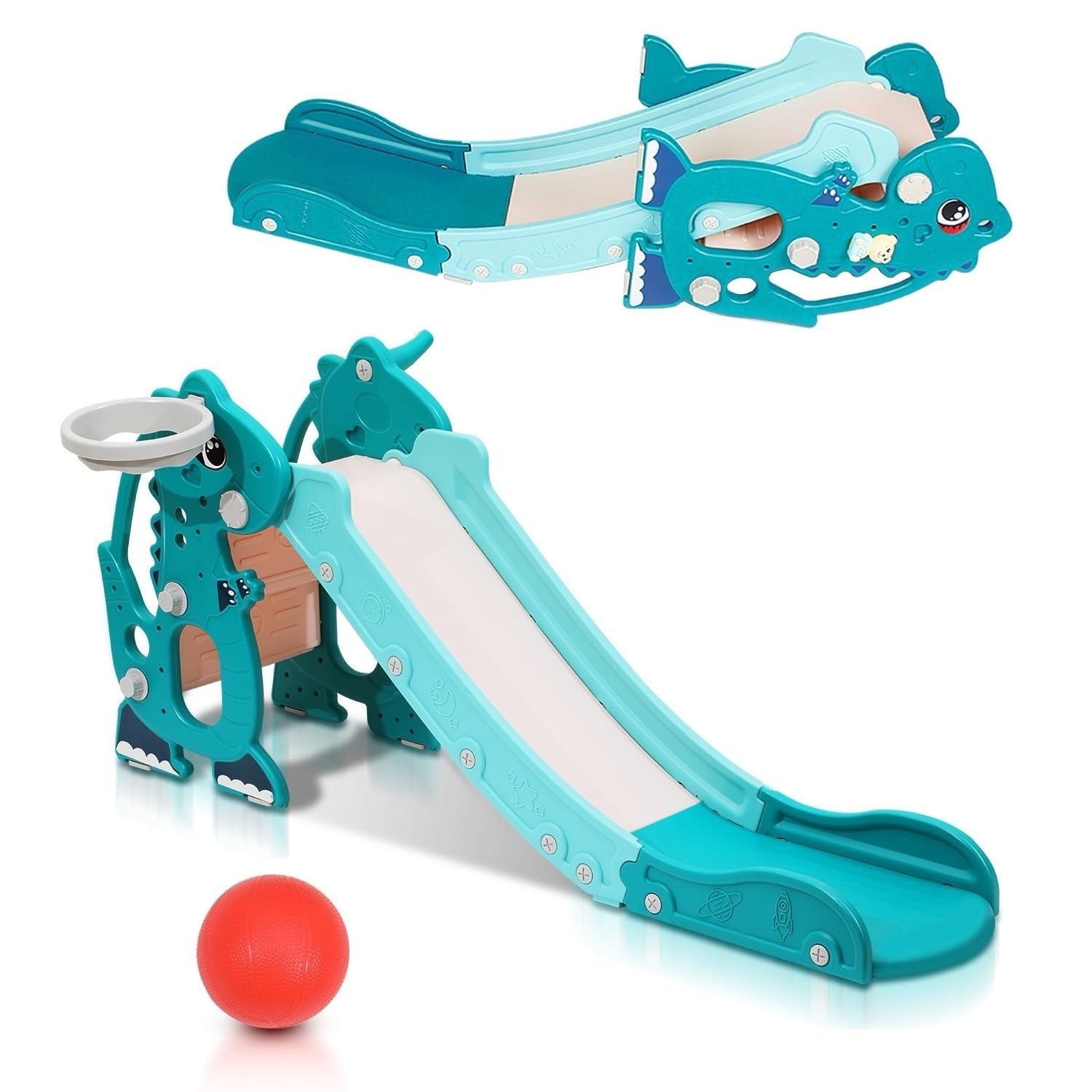 Tobogán infantil 4 en 1 con máquina de aprendizaje temprano inglés, diapositiva divertida para niños a partir de 2 años, para interiores y exteriores, color verde