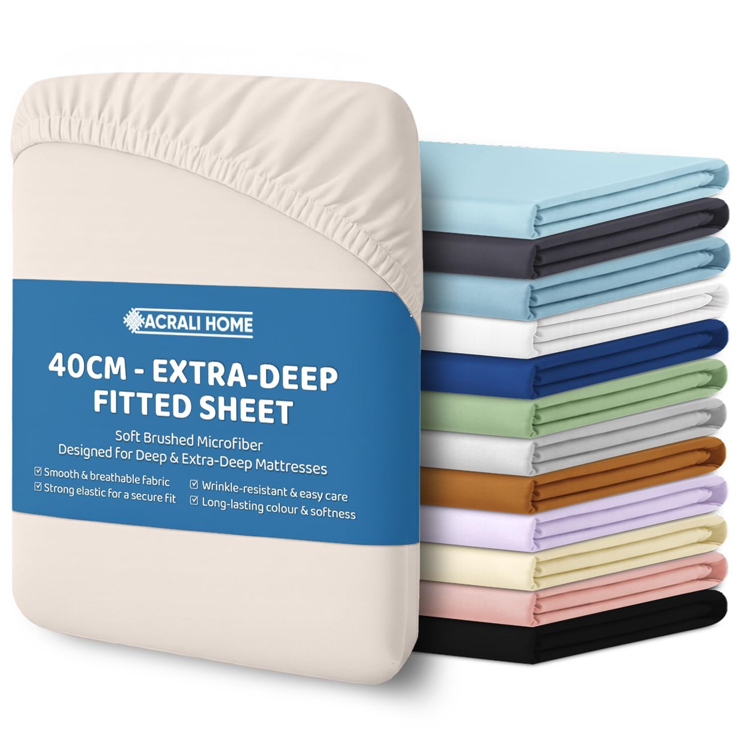 ACRALI HOME Double Fitted Sheet(190x137+40cm) - 40cm Extra Deep Pocket, Microfiber Natural Bottom Sheet for Double Bed - Easy Care, Hotel Quality Soft Bedsheet - Breathable, Shrinkage & Fade Resistant