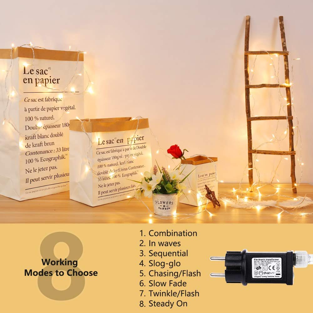 BrizLabs Catena Luminosa Natale Esterno, 20M 200 LED Luci Stringa Natalizie Bianco Caldo Interno con Spina 8 Modalità Impermeabile per Giardino Albero di Natale Matrimonio Festa, Cavo Trasparente