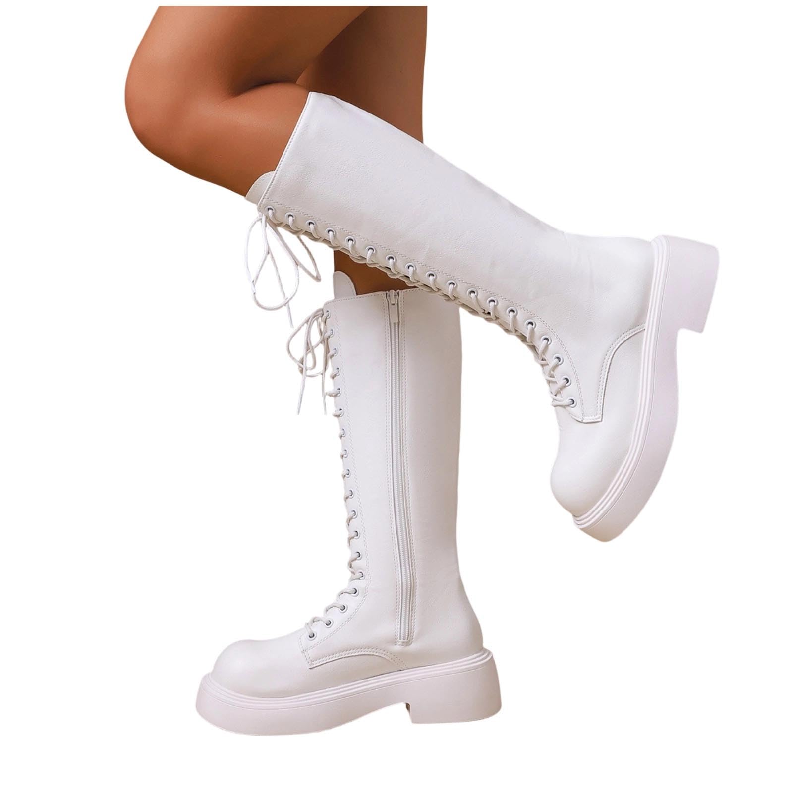 Schnürstiefel Damen Kniehoher Schaft mit Profilsohle und Runde Zehenpartie