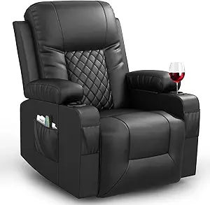 Recliner Chairs for Adults, FSC Certified Massage Rocker with Heated Modern Ergonomic Lounge 360 Degree Swivel Single Sofa Seat Living Room Lounge Recliners Black