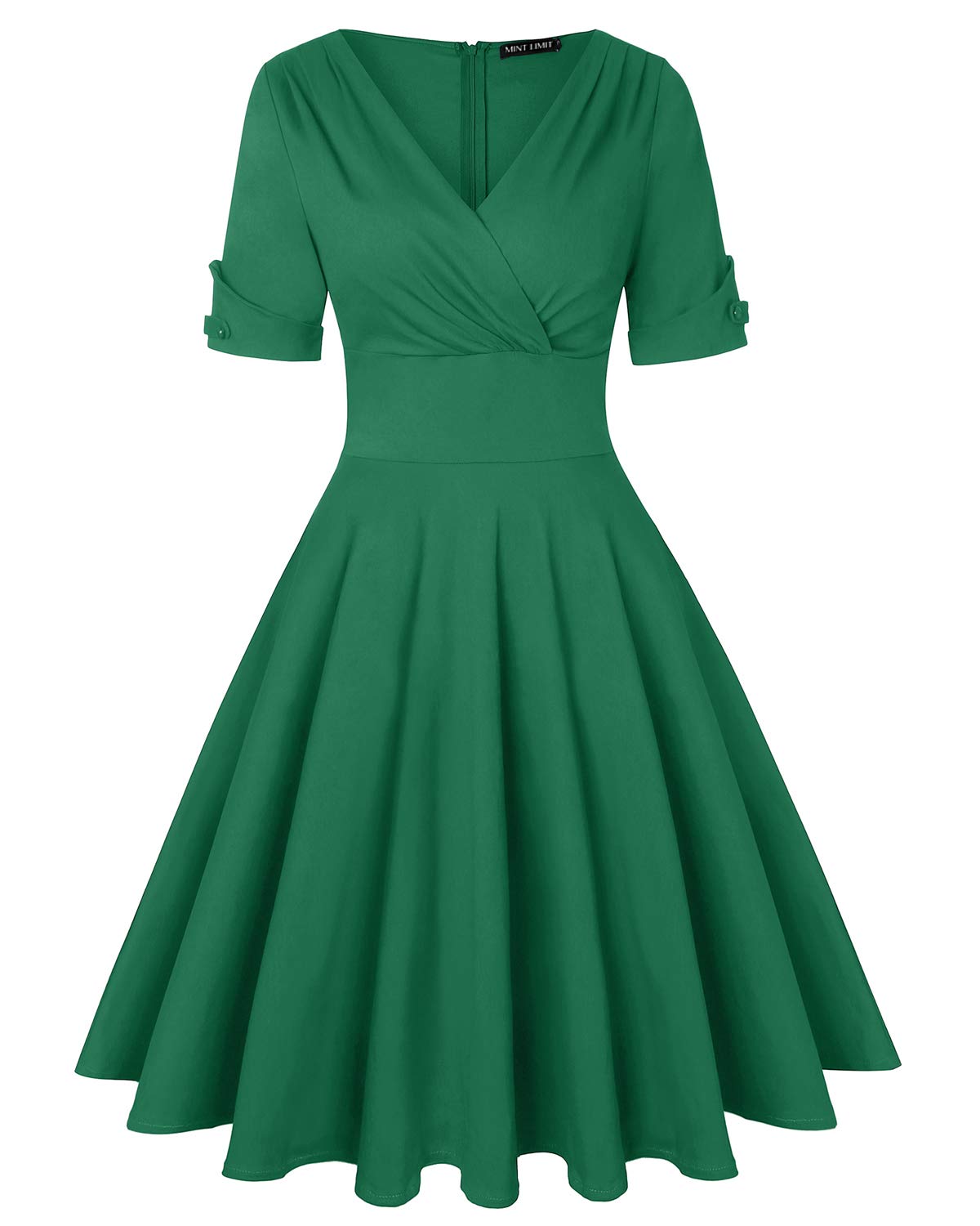 MINTLIMIT Women's Vintage V Neck Half Sleeve Pleated Flared A Line Swing Dress (Green,Size XL)