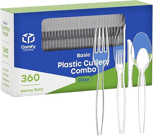 Comfy Package Paquete combinado de 360 unidades cubiertos básicos de plástico transparente, utensilios desechables pesados, 180 tenedores, 120