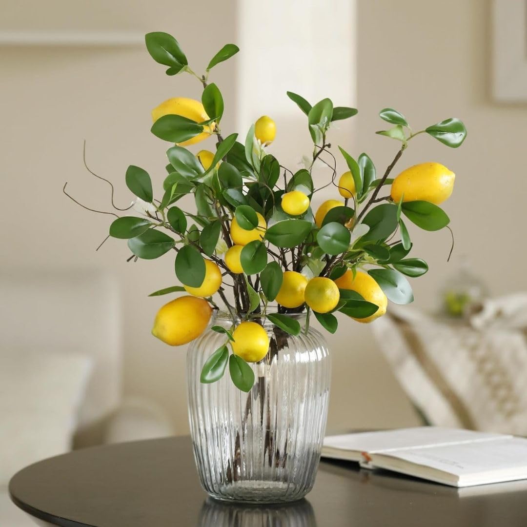 SATYAM KRAFT 3 Pcs Artificial Lemon Stick | Flowers for Vases | Hibiscus Glabra Fake Plant | Flowers for Vases |Decoration Items for Home Decor, Room, Office, Living Room (Without Pot) (Fabric)-image-32
