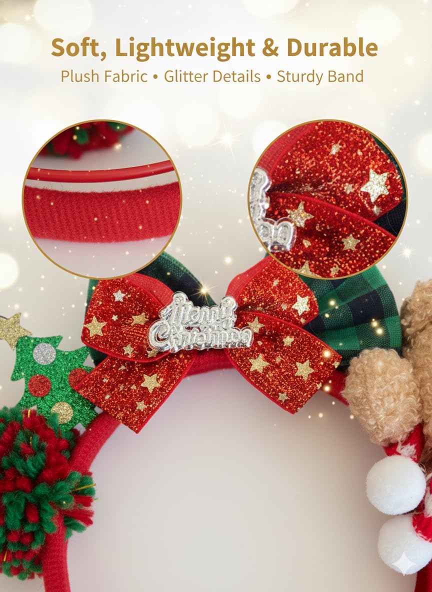 Christmas Holiday Headbands Set, 8 Pieces Santa and Reindeer Antler Designs, Party Favor Hair Accessories for Holiday Decor and Gifts