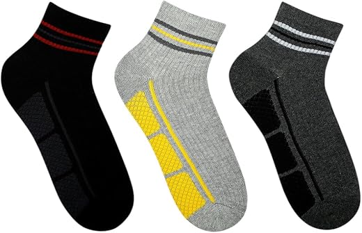 SocksXpress Men’s Cushioned Ankle-Length Socks | Pack of 3 Pairs | Black, L.Grey, D.Grey, Navy | Combed Cotton with Temper...