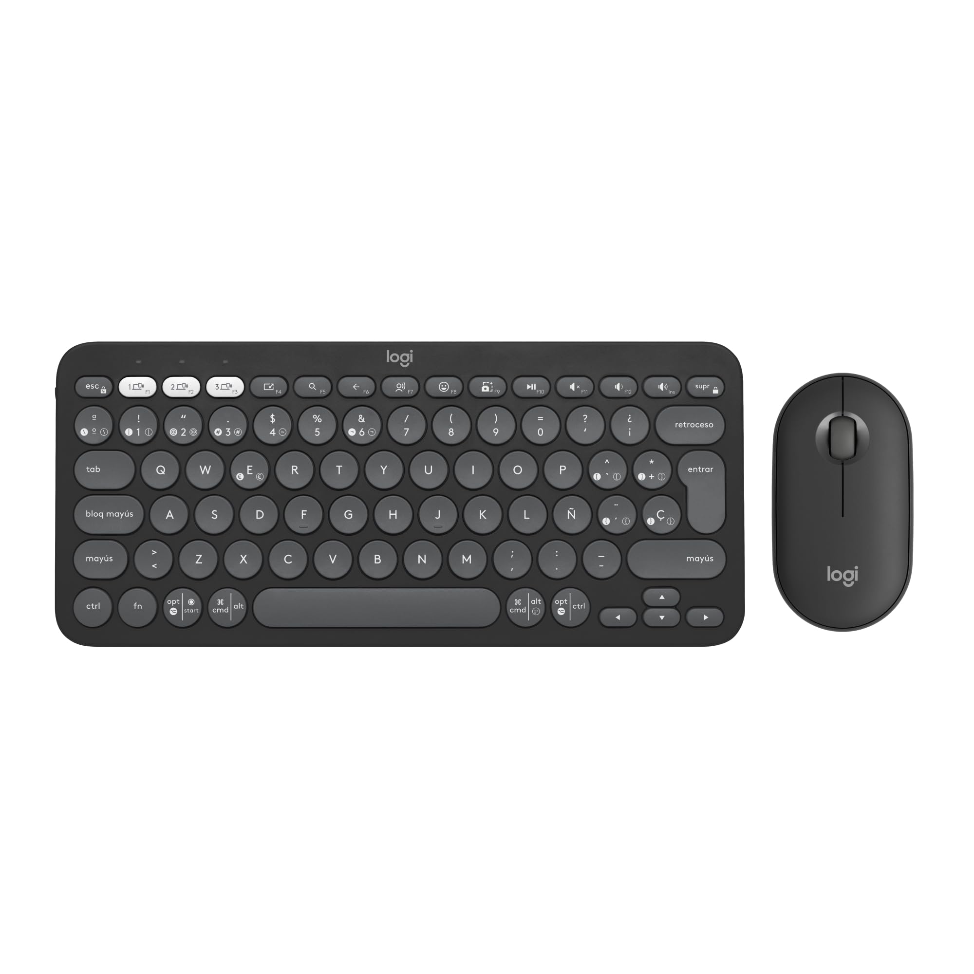 Logitech Pebble 2 Combo, teclado y ratón inalámbricos, discretos, portátiles, personalizables, Logi Bolt, Bluetooth, Easy-Switch para Windows, macOS, iPadOS, Chrome, Disposición QWERTY Español-Grafito
