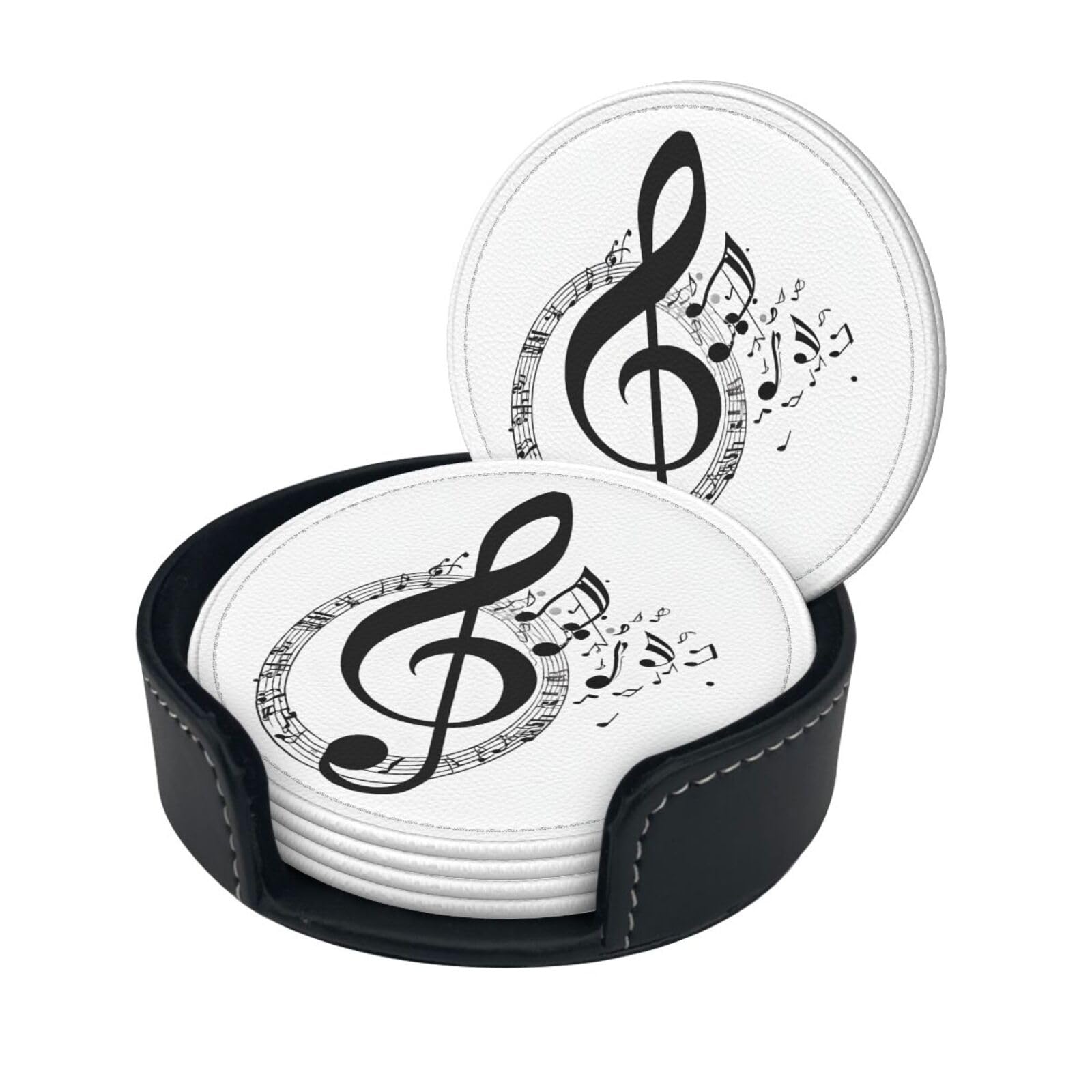 Music Print Coaster,Round Leather Coasters with Storage Box for Wine Mugs,Cold Drinks and Cups Tabletop Protection (6 Piece)
