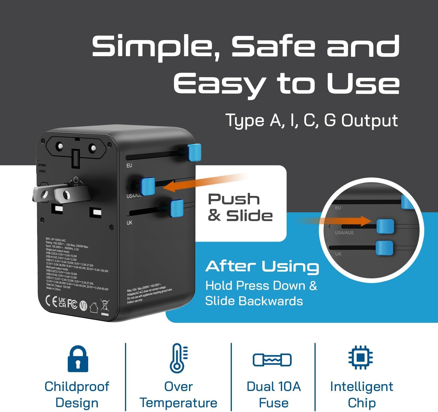 Ceptics GAN Adaptador de Viaje Universal de 100 W con Cable USB C retráctil, 2 USB-A & C, Entrada Universal y 1 Entrada US/JP, Adaptador Universal 7 en 1 para Viajes por Todo el Mundo