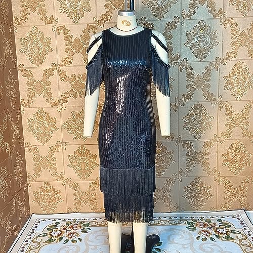 Image of Cololura Sexy Elegant Women Sequin Long Sleeve Tassel Bodycon Midi Dress Party Evening Gown Formal Dress