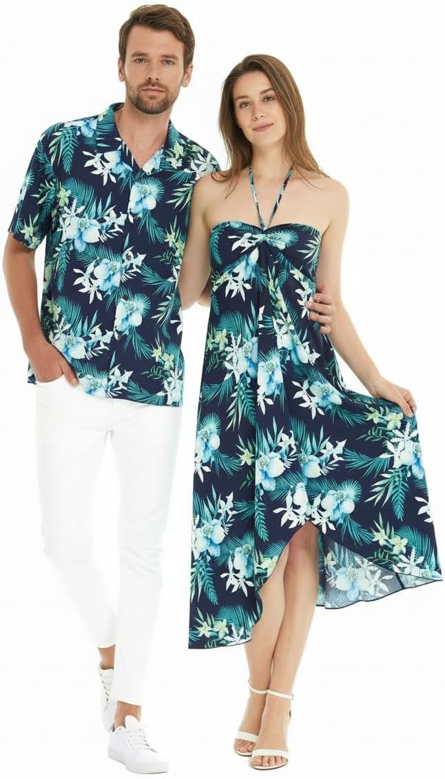 Matchable Couple Hawaiian Luau Shirt or Butterfly Dress in Orchid Breeze