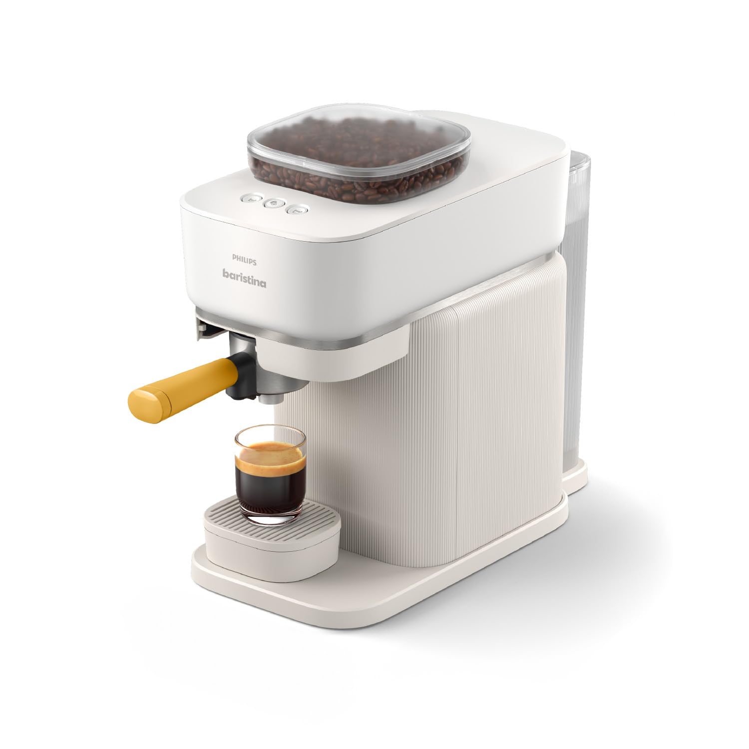 Philips Baristina Machine à expresso, Mouture, tassage et infusion automatiques, 16 bars, Expresso, Lungo, Format compact, Blanc naturel avec porte-filtre jaune, Machine à café avec broyeur BAR305/03