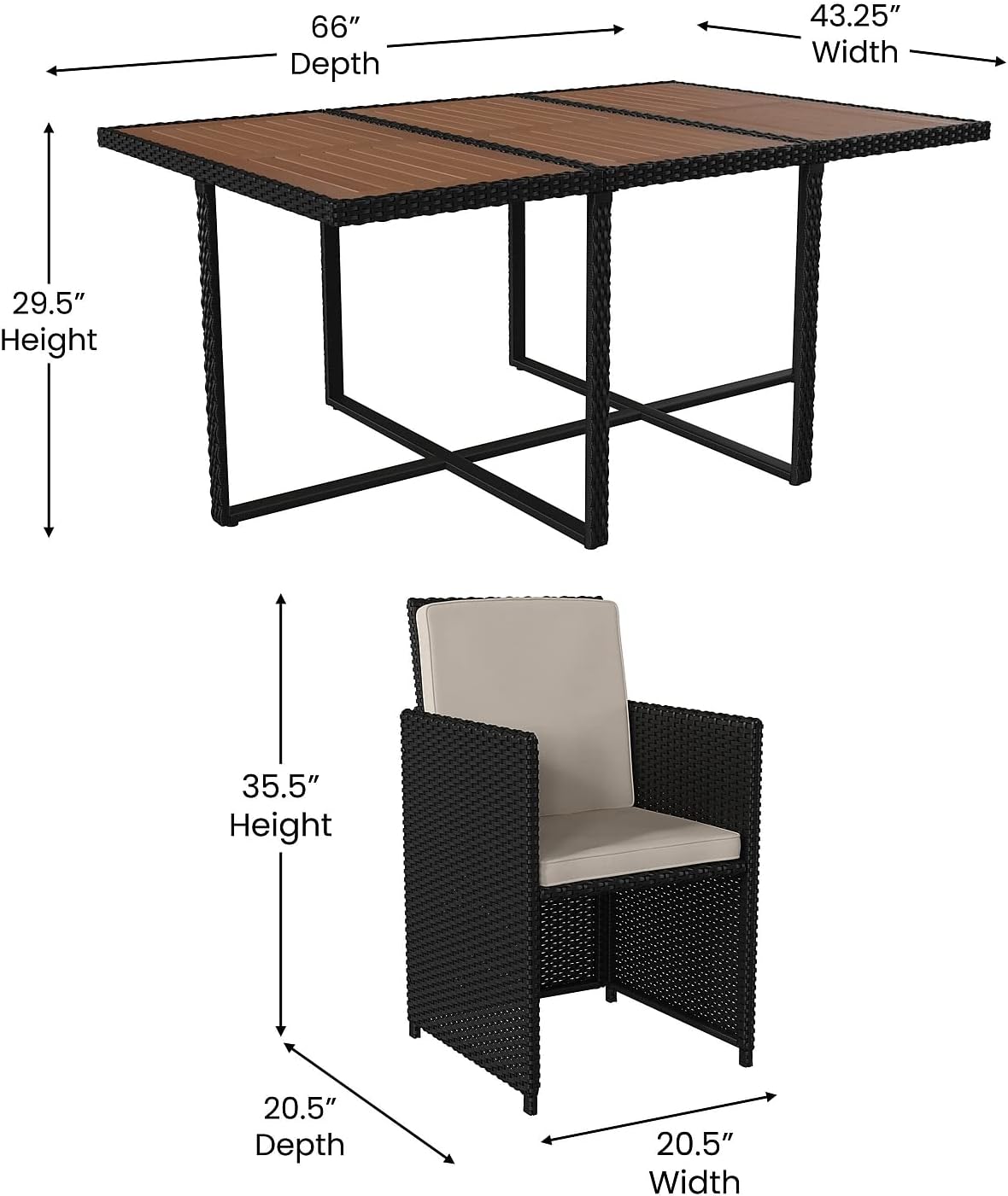Flash Furniture Peregrine 7 Piece Outdoor Patio Dining Set - Space Saving Black Wicker Modular Chairs & Cream Cushions-Natural Finish Acacia Wood Table-Seating for 6