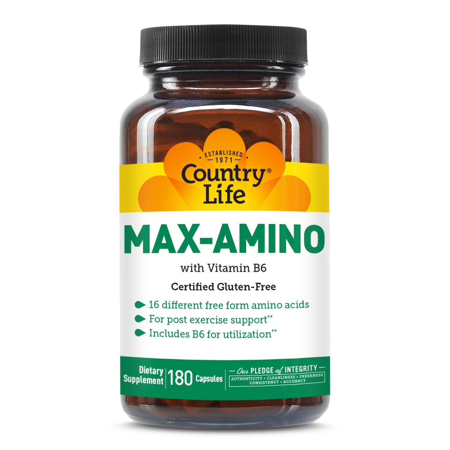Country Life Maxi-Amino Caps, 16 Free-Form Amino Acids, 180 Capsules Unflavored 180 Count (Pack of 1)