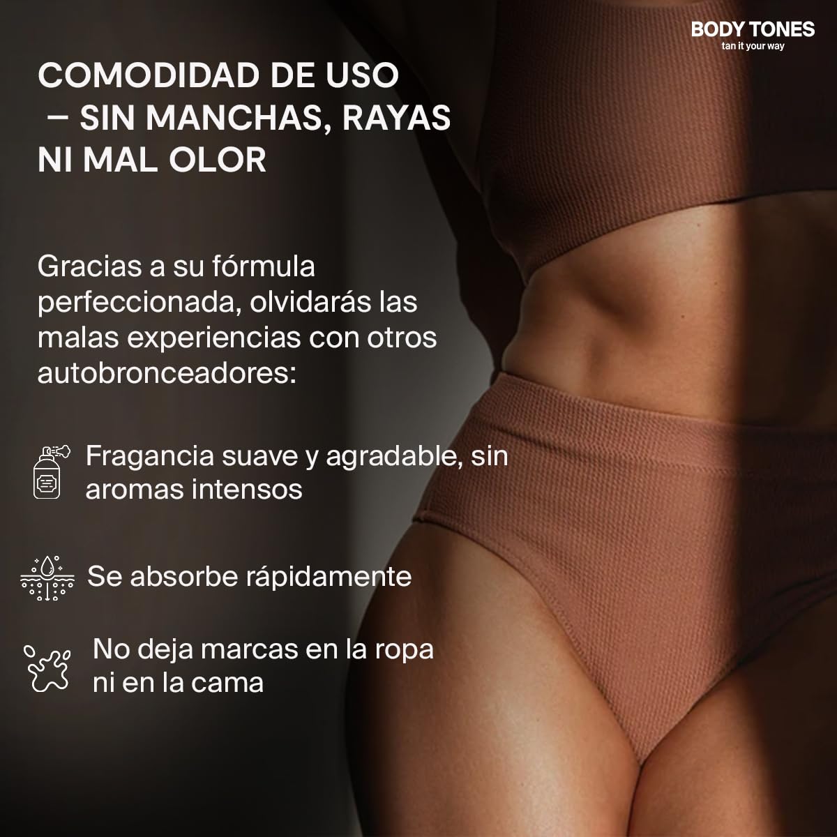 Body Tones Autobronceadora Corporal y Guante 155 ml - sin Manchas - Mousse Autobronceador que Hidrata y Contrarrestra los Efectos del Envejecimiento, el Efecto del Bronceado Natural