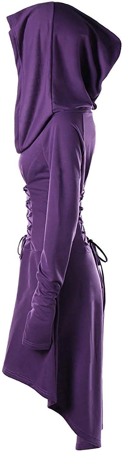 Womens Renaissance Costumes Hooded Robe Lace Up Vintage Pullover High Low Long Hoodie Dress - Image 2
