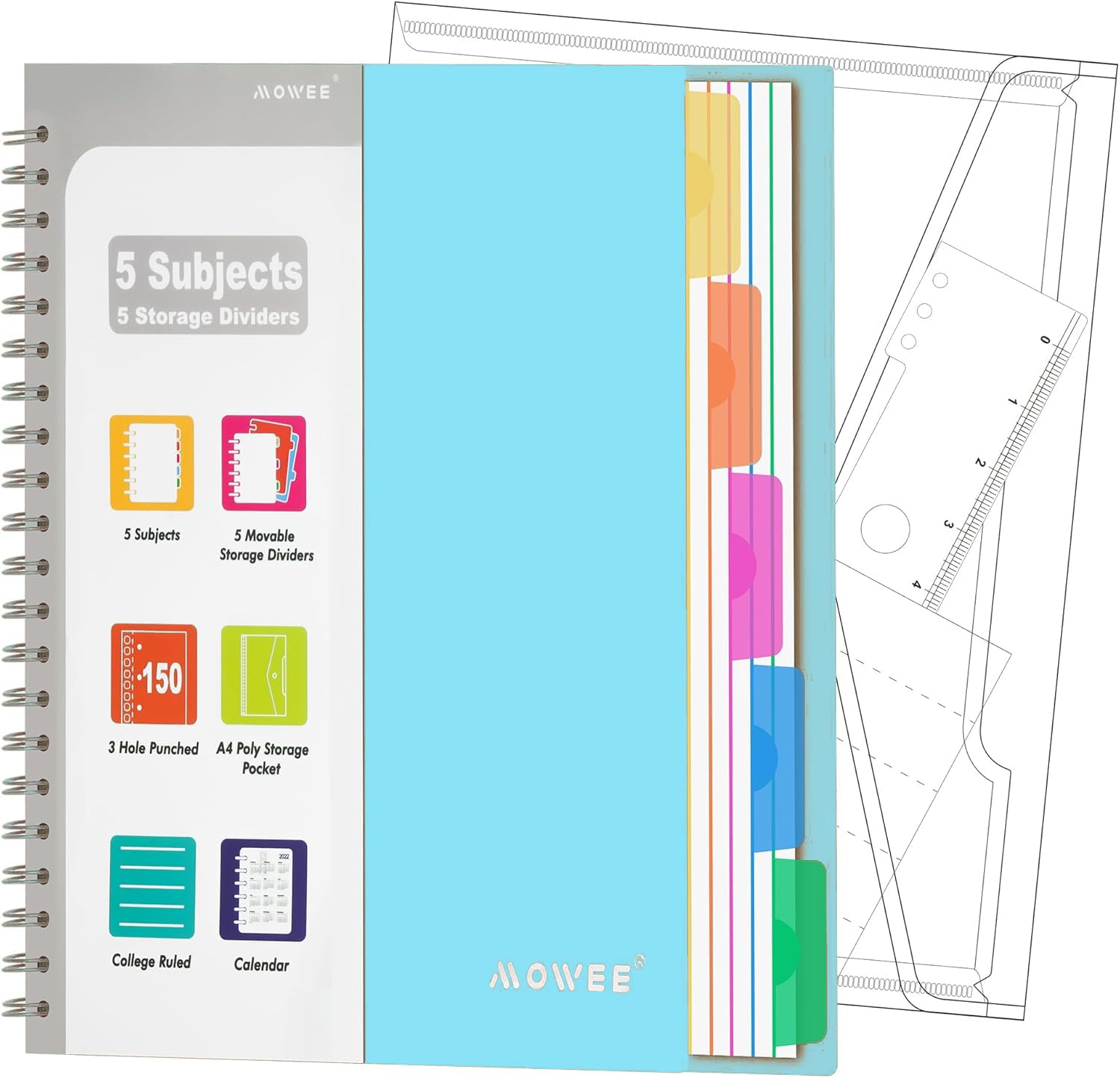 Carnet à 5 sujets – Carnet à spirales, carnet ligné avec poche de séparateurs, onglets, règle de 27,9 cm, 300 pages, pour journal d'écriture, maison et bureau, fournitures scolaires (21,6 x 27,9