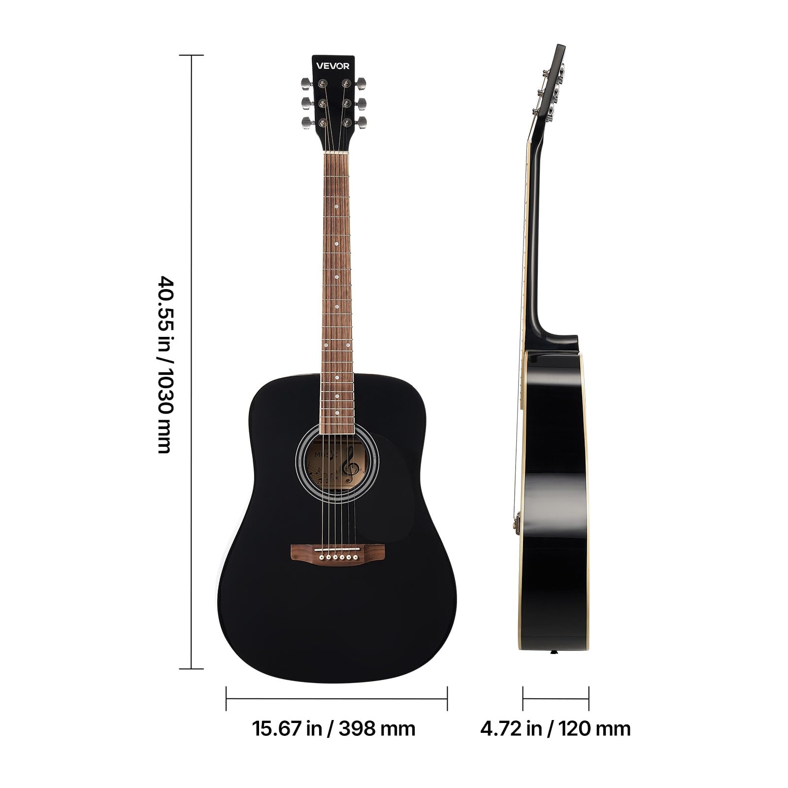VEVOR Chitarra Acustica Dreadnought da 1041,4 mm Chitarra Acustica a 6 Corde con Tavola Armonica in Abete Massello Nero, Custodia Morbida, Accordatore, Tracolla, Corde in Acciaio, Plettri, Capotasto