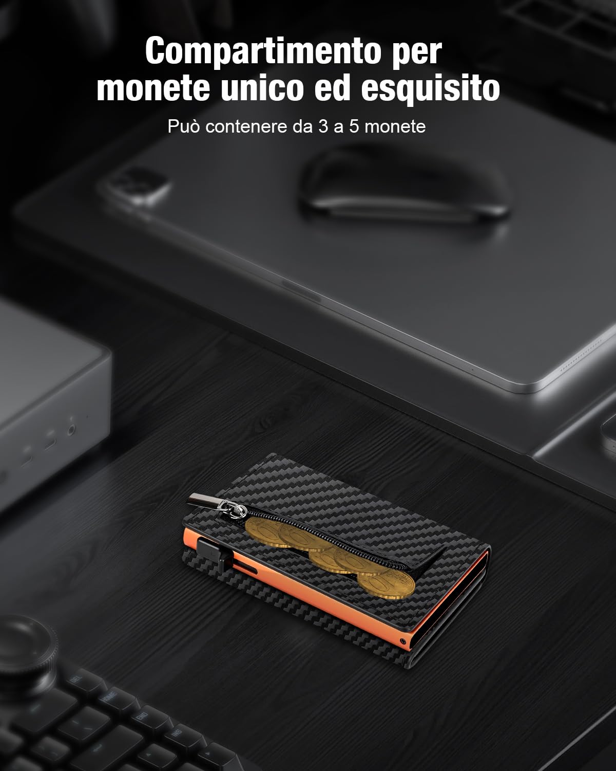 Porta Carte di Credito Uomo Piccolo, Portafoglio Uomo Slim con Chiusura Magnetica e Finestra ID, Portacarte in Pelle pop-up per 11 carte, Porta Tessere con Portamonete e Banconote, Nero e Arancione