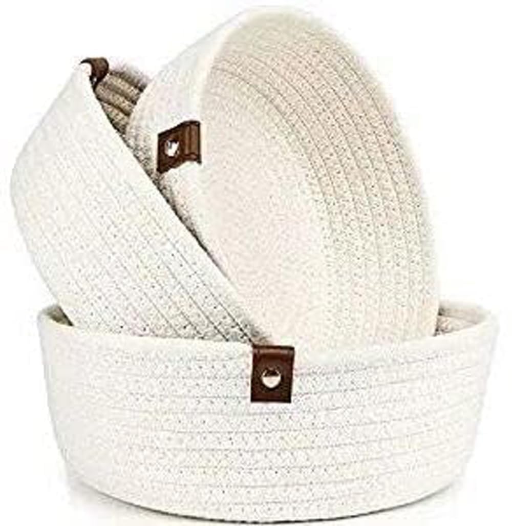TRENDOZE 100% Natural Jute small box mini rope paper storage Round hamper baby nursery tray bucket for Living Kitchen, Office, Drawing Room,fruits, kitchen, office, Set of 3 (White) (B0D9FB8785) Amazon Price History, Amazon Price Tracker