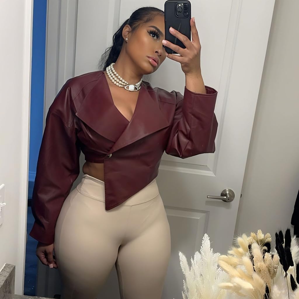 Cropped Jacket Women Faux Leather Irregular Hem Lapel Long Sleeve Burgundy Cropped Leather Bomber Jacket Women 2026 - Image 2