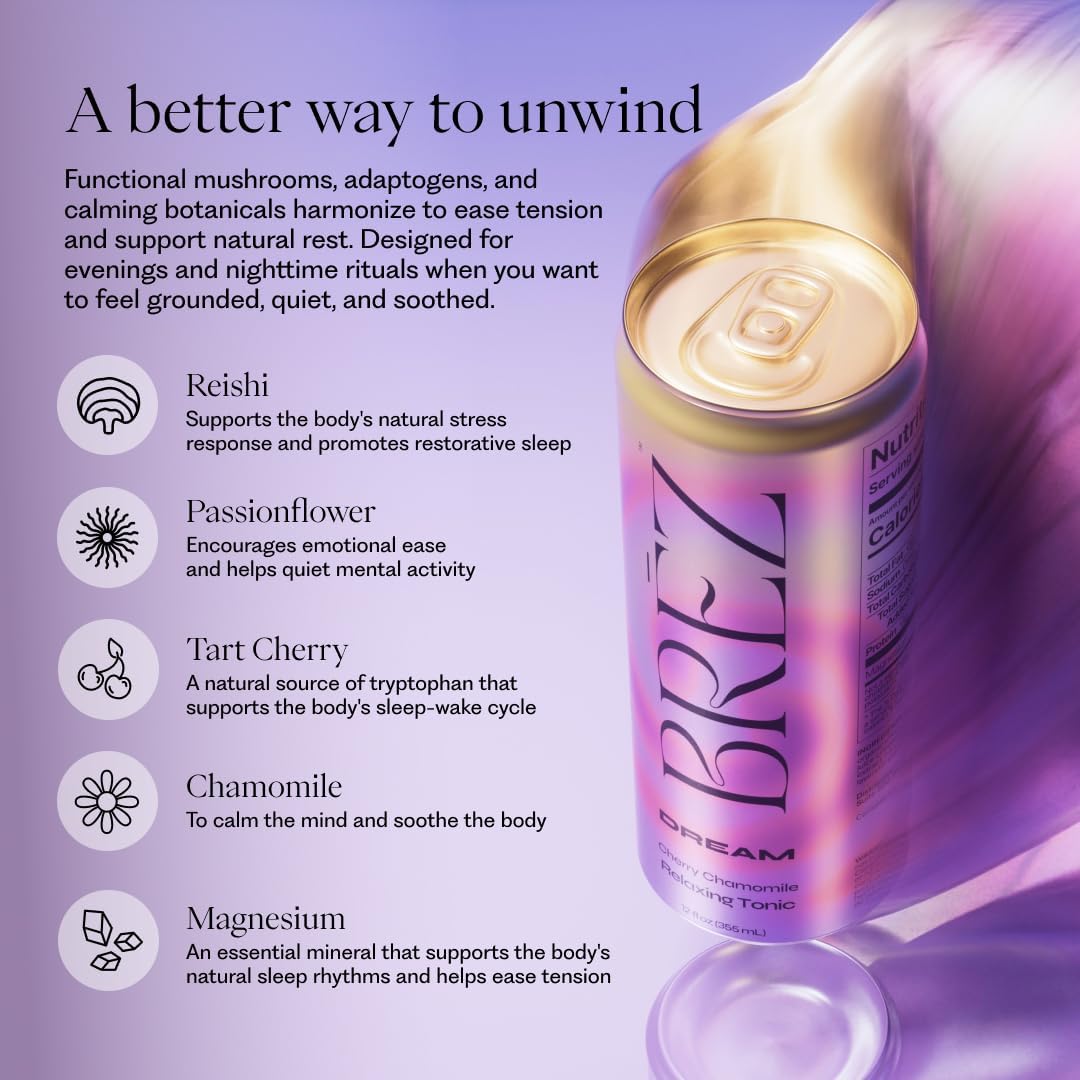 BRĒZ Dream Reishi Mushroom Drink, Non-Infused Relaxing Tonic with Reishi, Chamomile, Tart Cherry, Magnesium & L-Theanine, Vegan Adaptogen Drink for Sleep, Calm & Mood, 12 fl oz - 8 Pack - Image 5