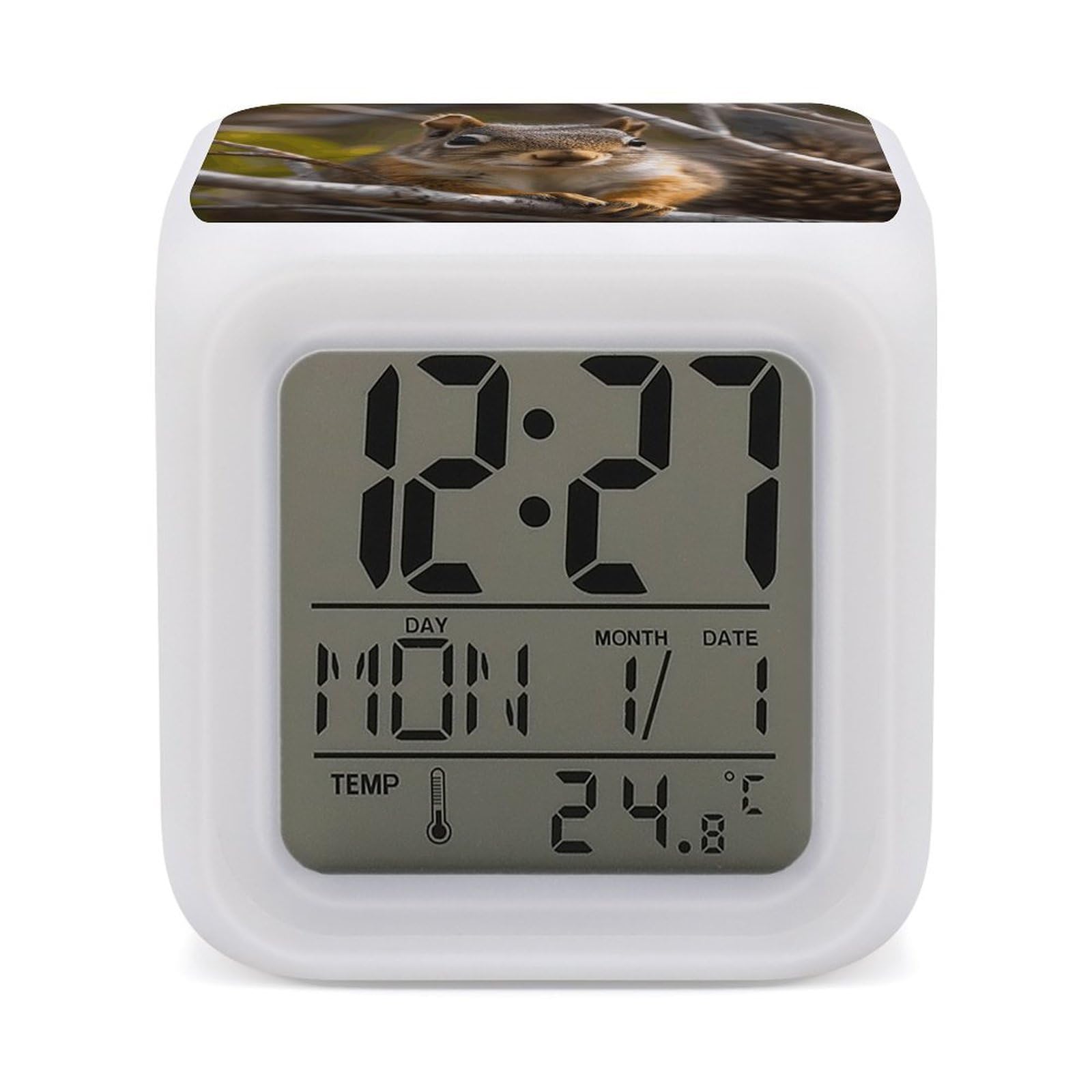 JTREHY 7 Color Changing LED Digital Alarm Clock,Squirrel in Tree Printed Wake-up Clock with Temperature Display Home Decoration Alarm Clock for Bedroom Office