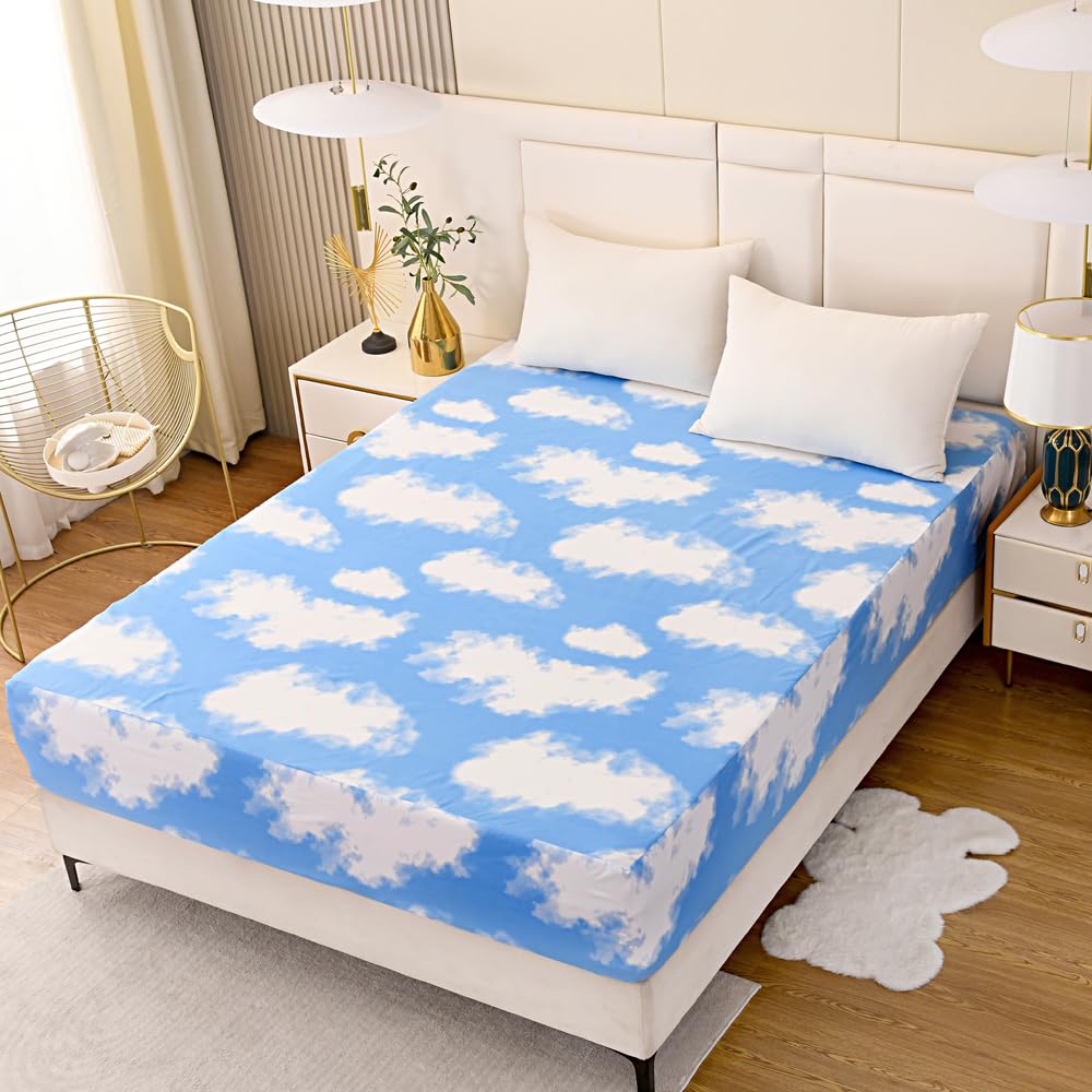 Bedding Fitted Sheet with Deep Pocket for Single Bed Mattress Cover Sheets,White Cloud Printed Fabric Bed Sheets (Blue Sky, Queen)