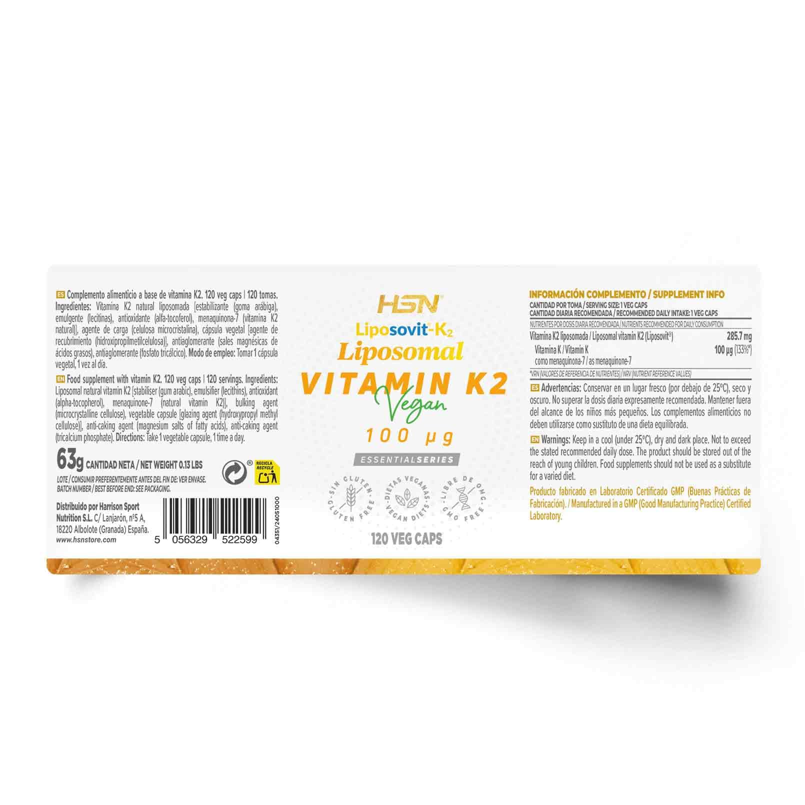 HSN Vitamina K2 Liposomal 100mcg Liposovit® | 120 Cápsulas Vegetales - PURA Vitamina K2 LIPOSOMADA K2-MK7 (menaquinona-7) | Mejor ABSORCIÓN y BIODISPONIBILIDAD | No-GMO, Vegano, Sin Gluten ni Soja