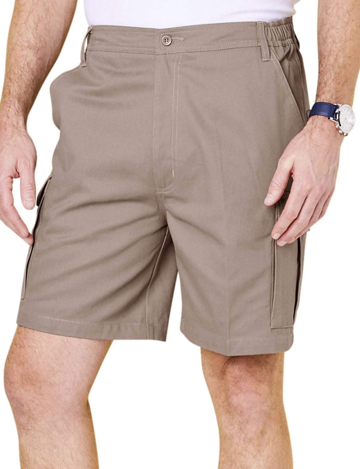 Chums Men's Cotton Cargo Shorts with Side Elastic Waist with Classic Belt Loops & Button Flap Pockets, Soft Breathable 100% Cotton Khaki 48