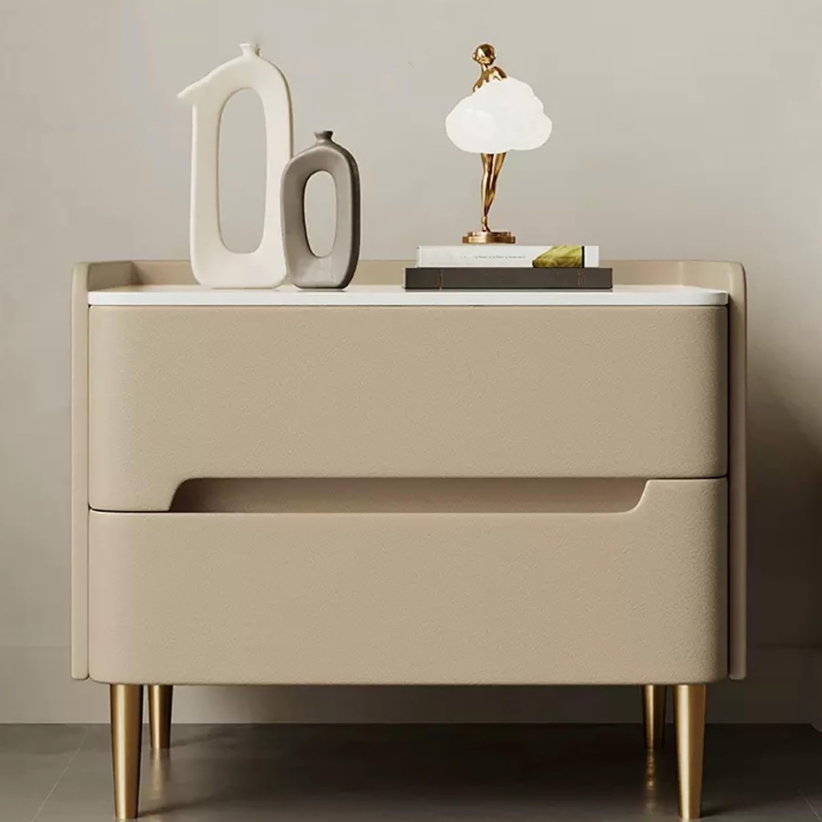Comodino minimalista grigio in legno massello con piano in ardesia, elegante comodino kaki con doppi cassetti per camera da letto e soggiorno elegante tavolino moderno