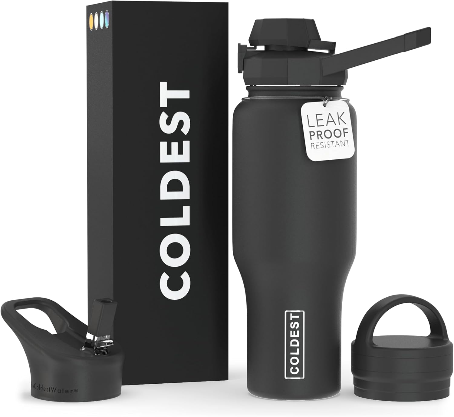 Coldest Sports Water Bottle - 3 in 1 Lids (Chug, Straw, Handle) - Insulated Stainless Steel Tumbler with Handle - Vacuum Water Flask Cup, Valentines Gifts for Him Her (36 oz, Stealth)
