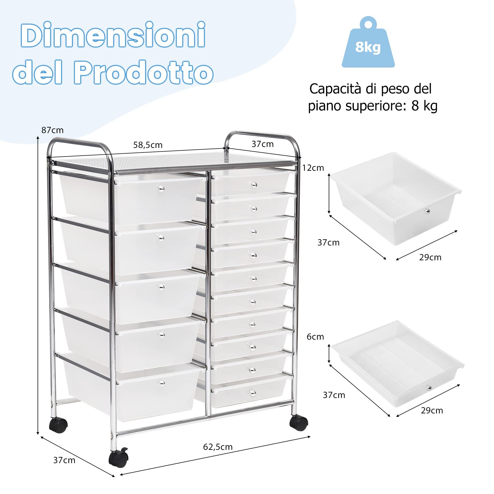 GYMAX Carrello Portaoggetti con 15 Cassetti Staccabilea, Carrellino Salvaspazio con Ruote, per Uffici, Parrucchieri, Studio, Soggiorno, 62,5 x 37 x 87 cm (TRASPARENTE)