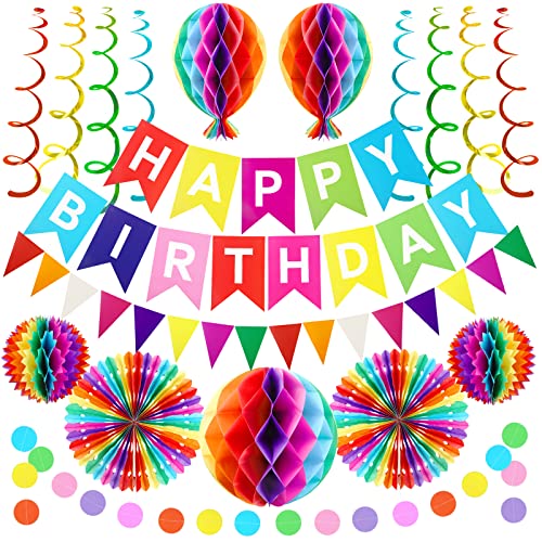 ECHOCUBE Juego de decoraciones para fiestas de cumpleaños, pendones coloridos de feliz cumpleaños, banderillas, farolillos de papel, bolas de papel en forma de panal, serpentinas para niños y niñas