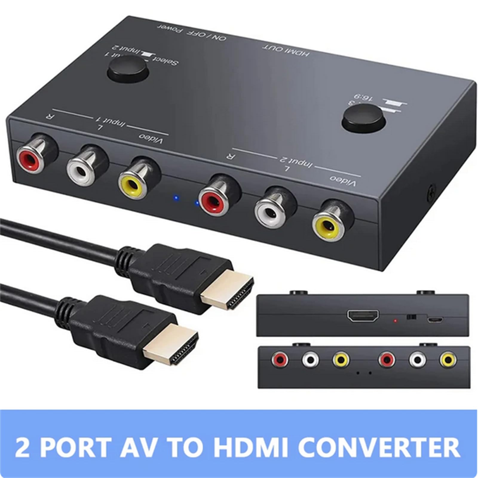 Convertidor RCA a HDMI de 2 puertos, convertidor dual AV a HDMI, Plug and Play, para reproductor de DVD VCR, TV y proyector