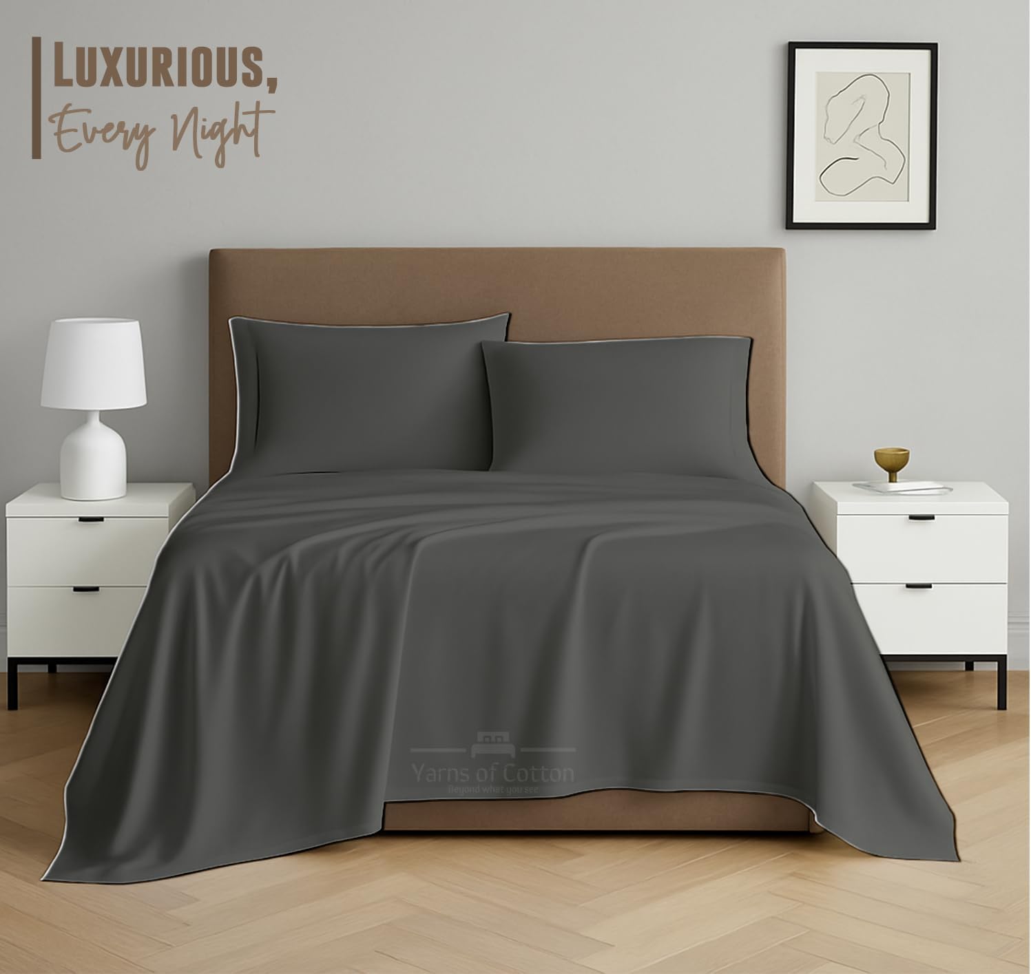 600 Thread Count 100% Long Staple Egyptian Cotton Soft Combed, 4 Piece Sheets Set, Smooth & Soft Sateen Weave, Extra Soft Bed Sheets, Cooling Sheets, Deep Pocket Fitted (King, Dark Grey Solid)